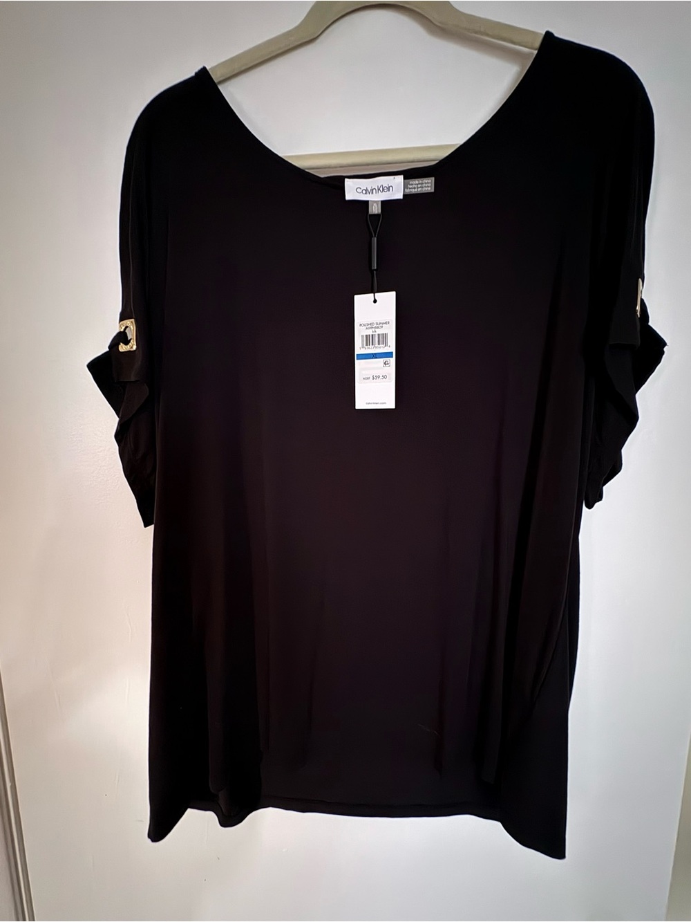 Calvin Klein Black Short Sleeve Scoop Neck Top with Tab Sleeves